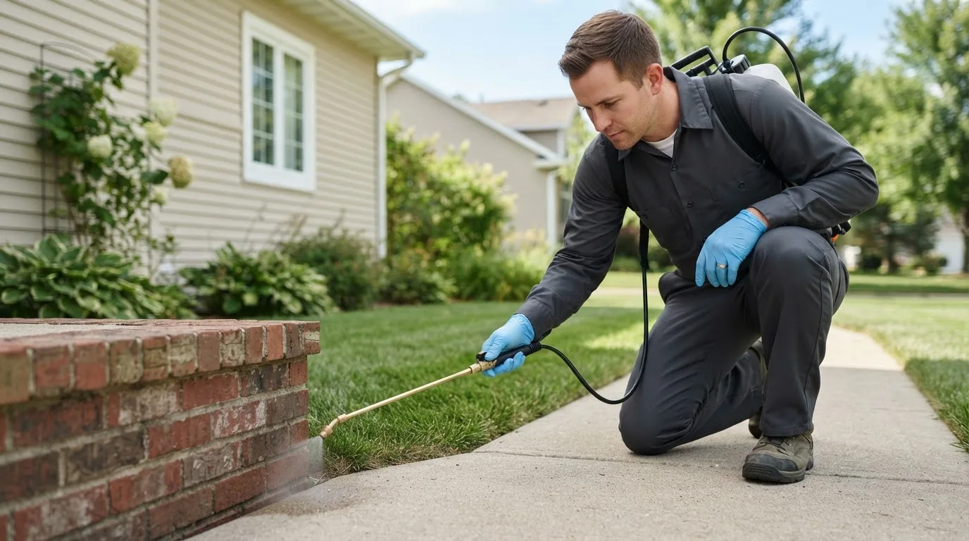 Pest control technician treating a home near Yatesville, GA